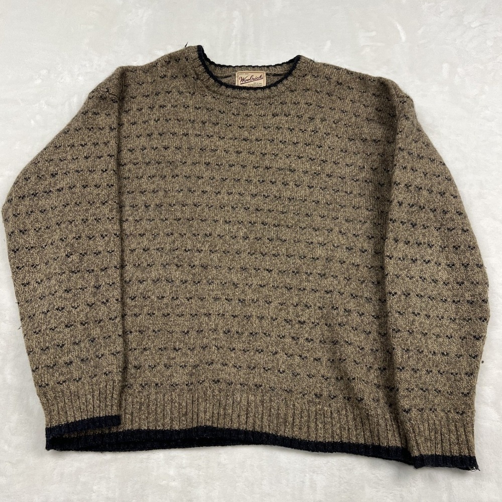 Woolrich Crewneck Sweater Mens L Brown Wool Blend Knit Geometric Pattern